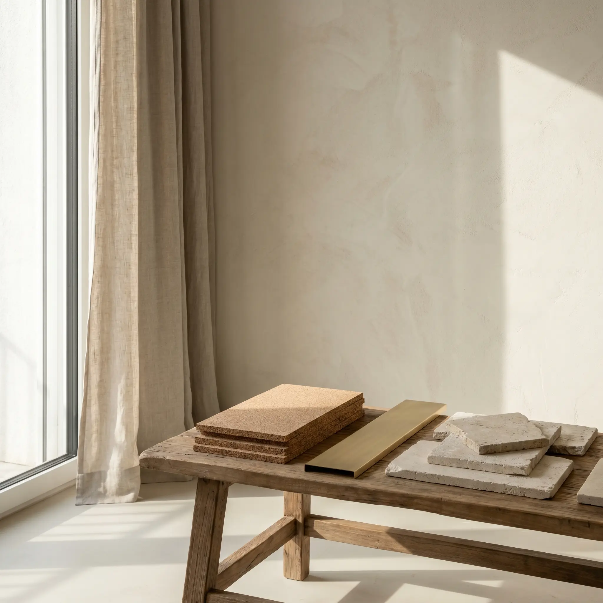 Material samples on a work table with natural window light